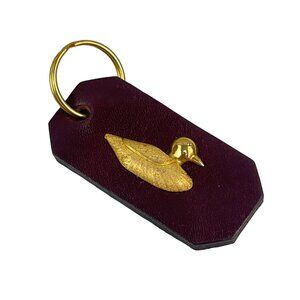 Vintage Plum Leather Keychain With Gold Duck Accent